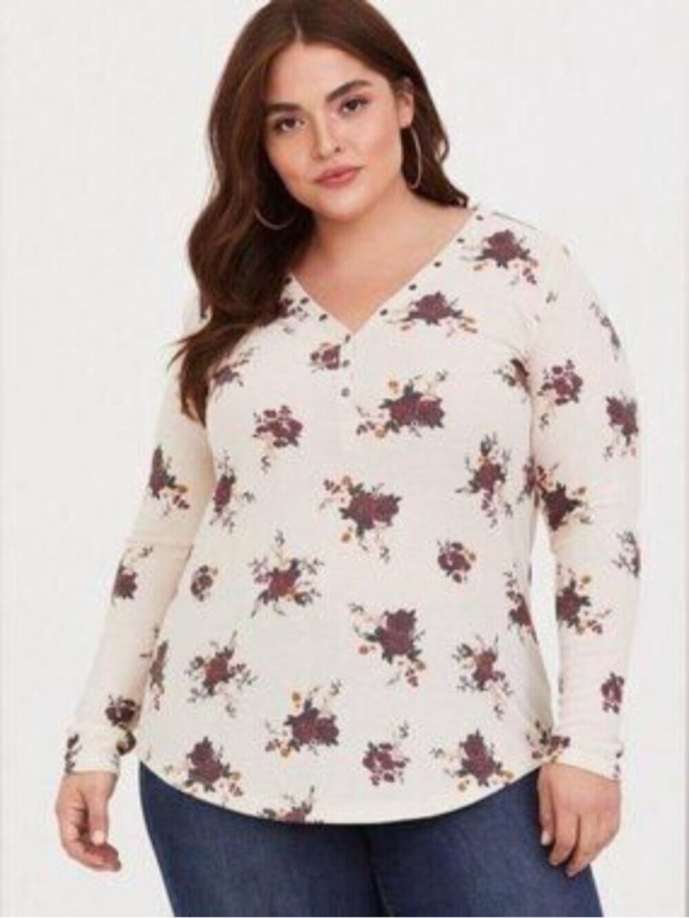 Torrid Ivory Floral Print Waffle Knit Grommet V-Neck Tee